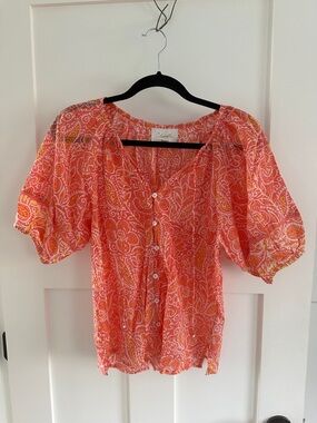 Cleobella Coral-Pink Paisley Button-Front Peasant Blouse